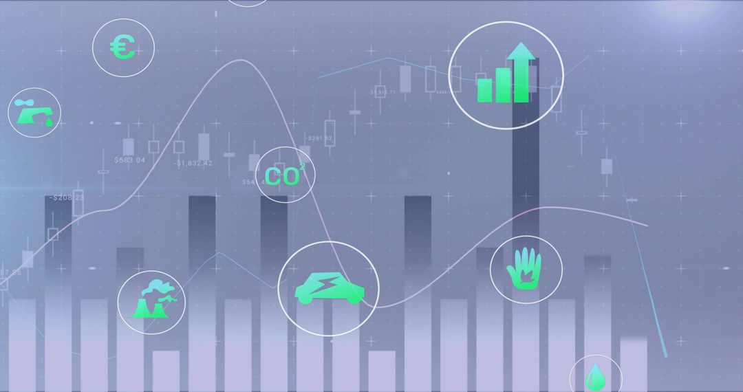Neon sustainability finance dashboard showing CO2 EV euro metrics with candlestick charts