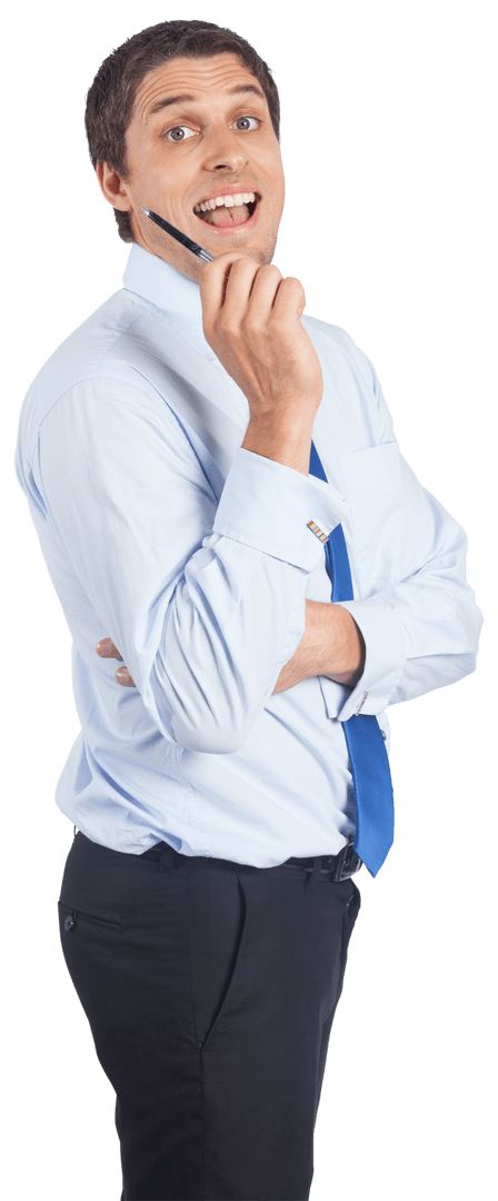 Surprised Caucasian Businessman with Pen on Transparent Background