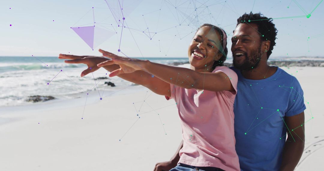 Joyful Couple Relaxing on Beach With Digital Overlay