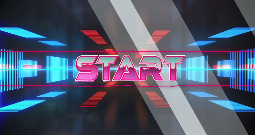 Neon Retro Start Text with Futuristic Digital Elements