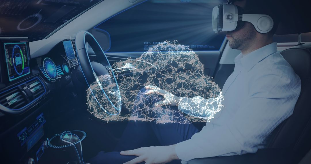 Man Using VR Headset in Self-Driving Car with Networking Visualization
