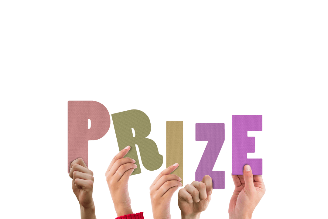 Transparent Hands Holding Colorful Letters Forming Prize