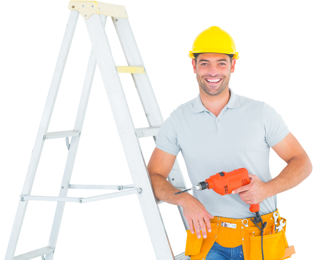 Transparent Portrait of Happy Handyman with Power Drill Leaning on Ladder - Download Free Stock Images Pikwizard.com