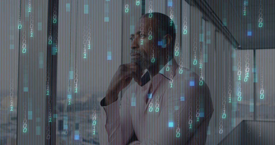 Businessman Contemplating in Modern High-Rise Office with Digital Overlay