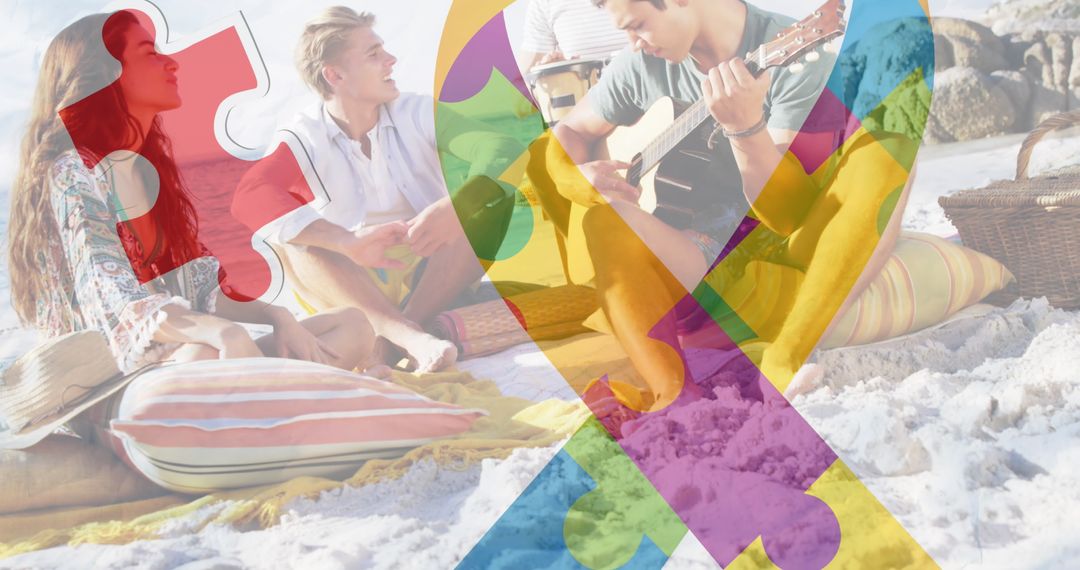 Friends Enjoying Summer Beach Party with Autism Awareness Ribbon