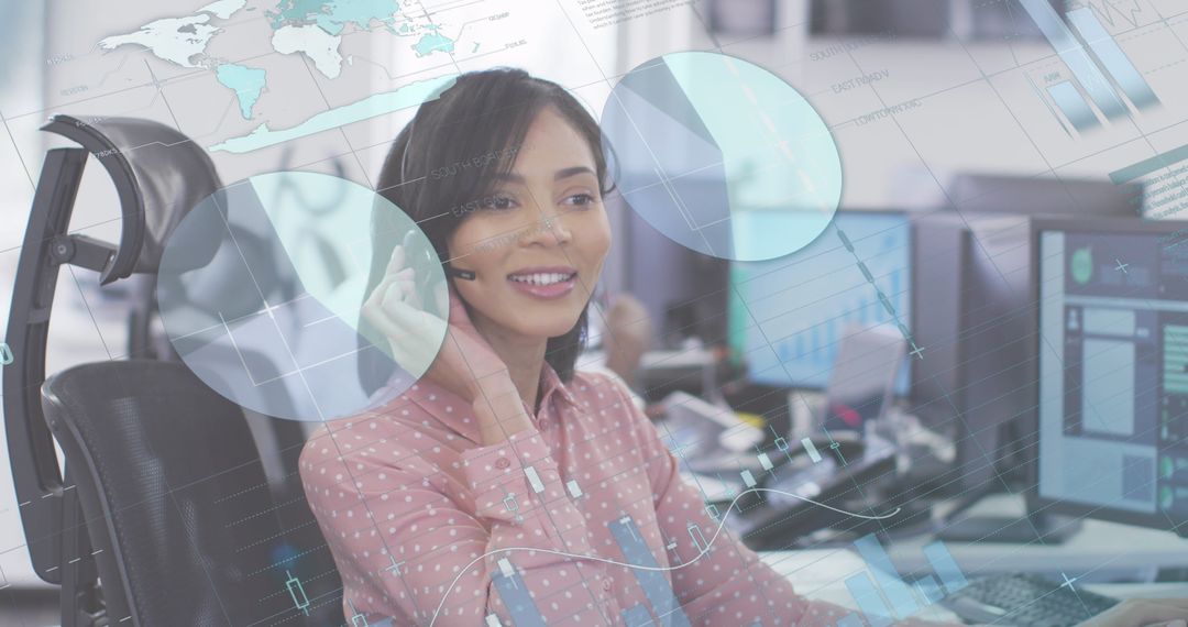 Businesswoman Engaged in Call with Digital Analytics Overlay in Office