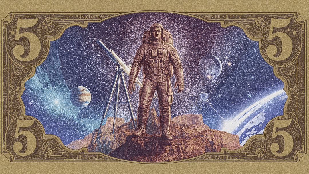 Astronaut on Alien Landscape with Telescope and Vintage Design