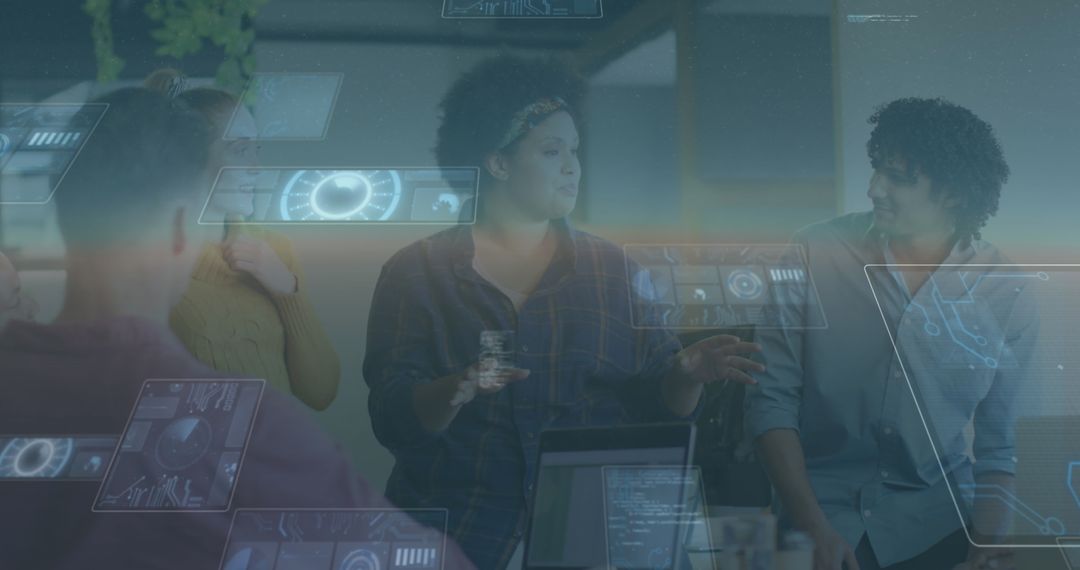 Diverse Team Discussing Digital Data Interfaces in Modern Office