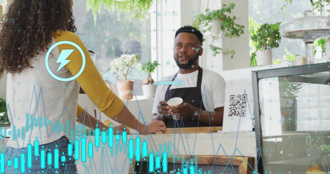 Barista and Customer Discussing Business Growth with Analytics Overlay