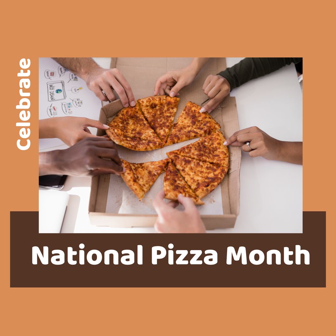 Hands of Friends Celebrating National Pizza Month with Pizza Box
