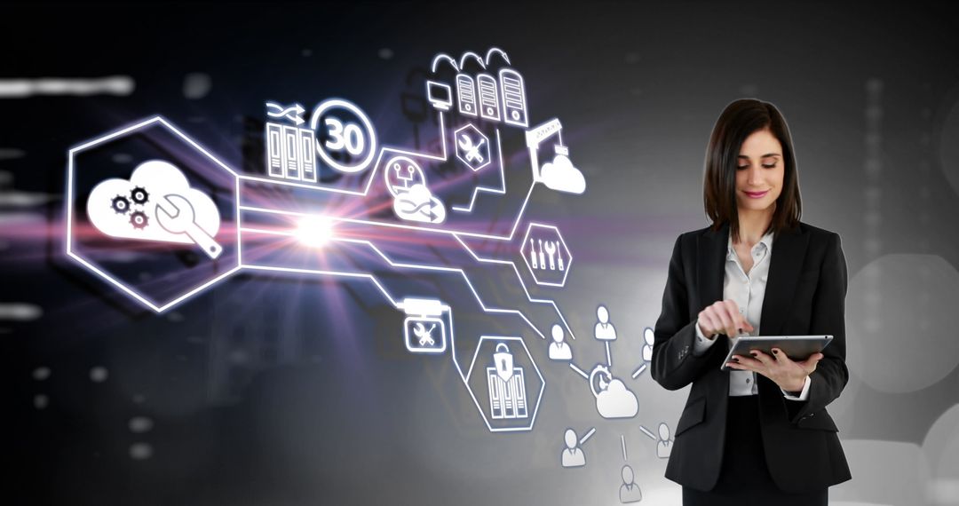 Businesswoman Utilizing Digital Tablet Interface with Network Connections