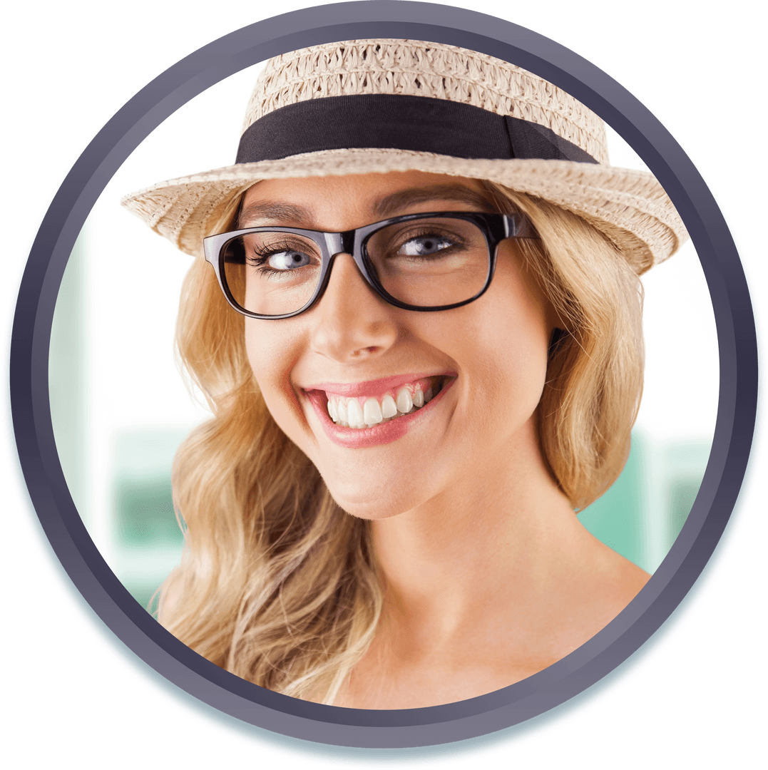 Smiling Woman with Glasses and Hat Transparent Background