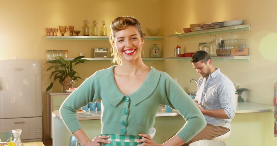 Happy Woman Smiling in Vintage Kitchen with Modern Touches - Free Images, Stock Photos and Pictures on Pikwizard.com