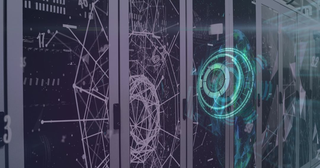 Futuristic Digital Interface Overlaying Data Servers