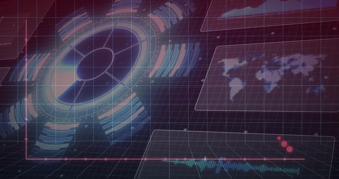 Futuristic Holographic HUD Featuring Circular Control Interface, World Map and Data Streams