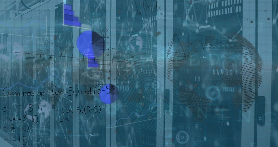 Futuristic Data and Equations Overlay in High-Tech Server Room