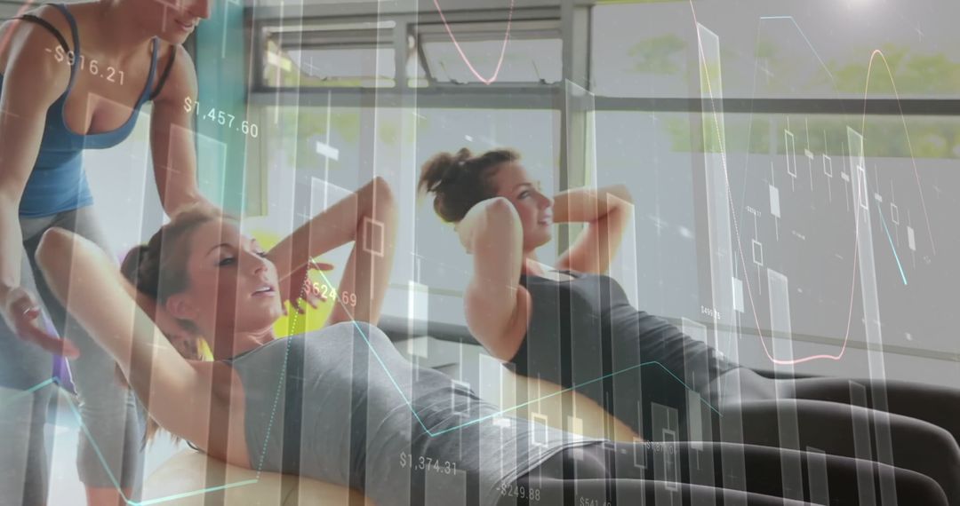 Fitness Trainer Assisting Clients on Crunches with Data Illusion