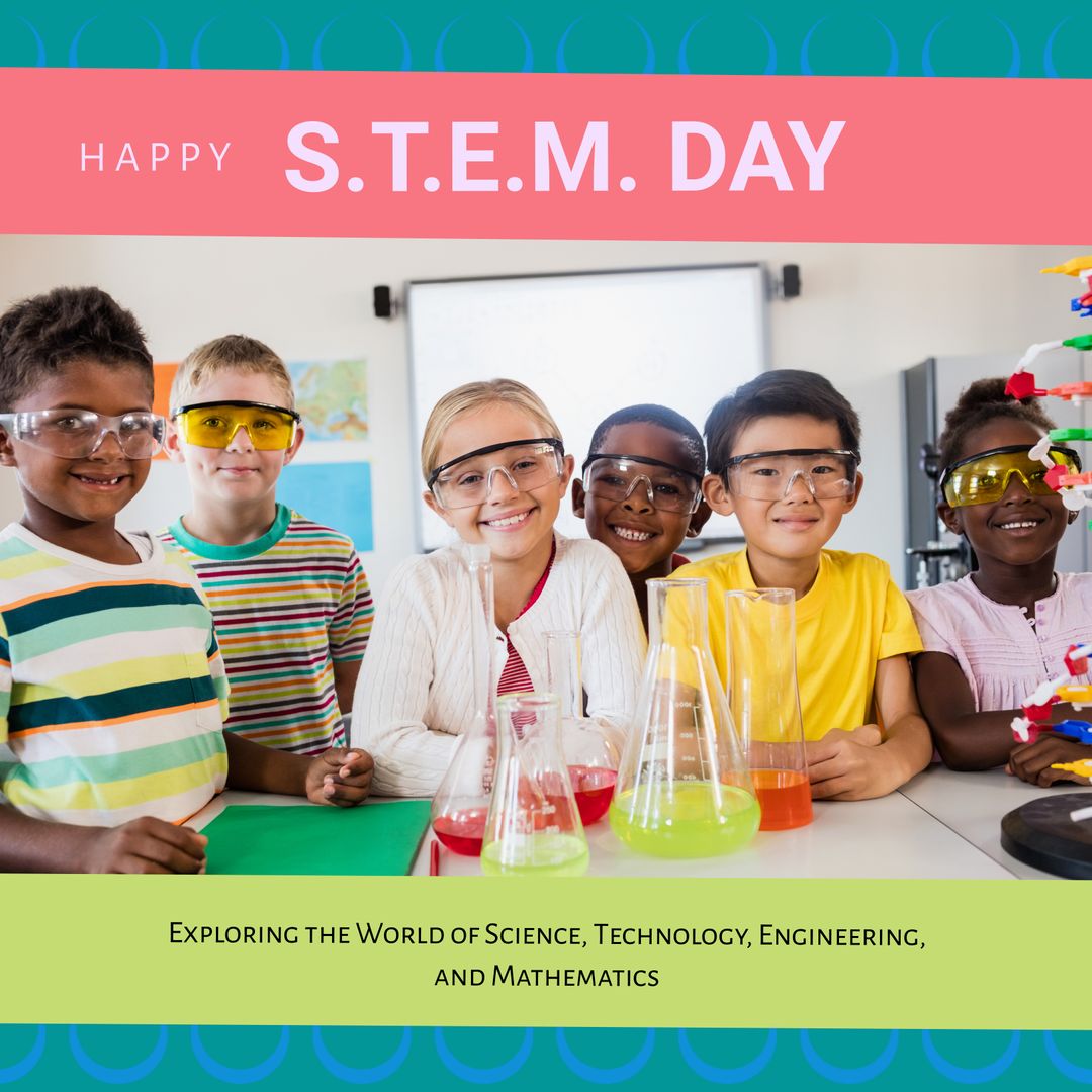 Happy STEM Day Celebrated by Diverse Children in Science Lab - Download Free Stock Templates Pikwizard.com