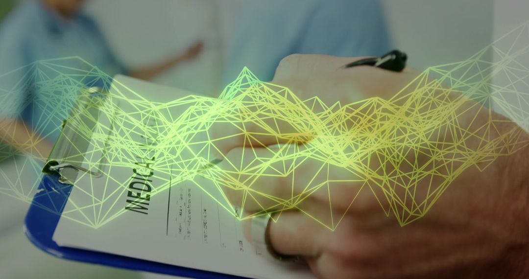 Doctor Holding Clipboard with Digital Network Overlay in Clinical Setting