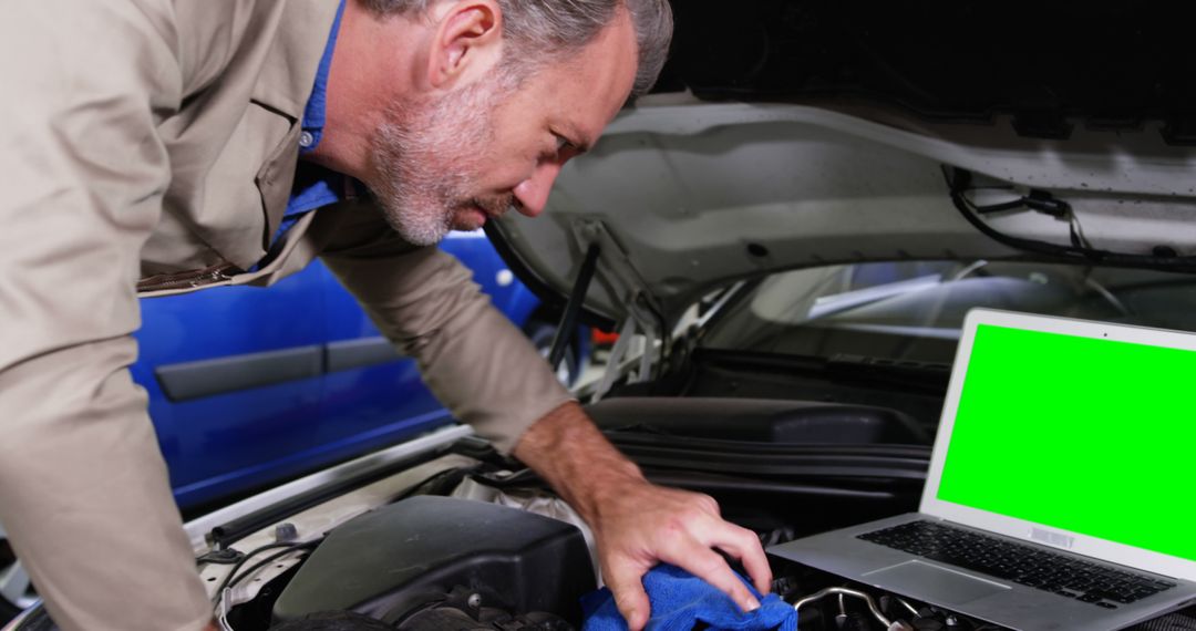 Auto Mechanic Inspecting Car Engine Using Laptop with Green Screen - Free Images, Stock Photos and Pictures on Pikwizard.com