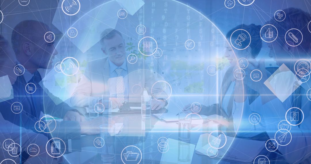 Business Team Surrounded by Digital Network Icons and Global Connections