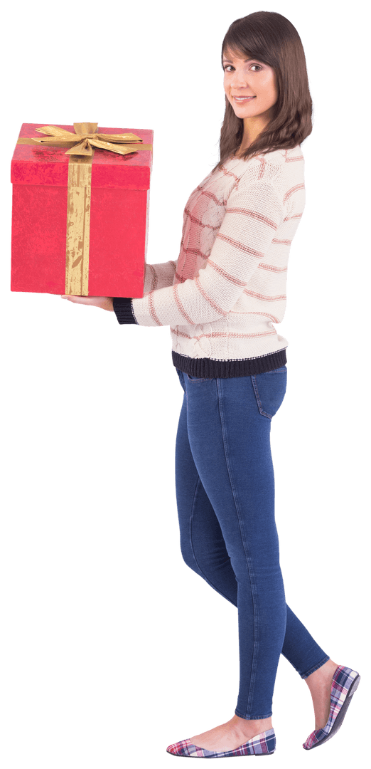 Smiling Woman Holding Large Red Gift with Gold Ribbon Transparent Background
