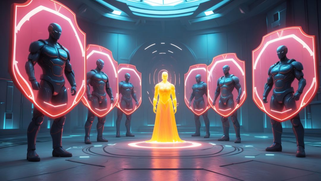 Futuristic security with robotic bodyguards and glowing entity in sci-fi chamber