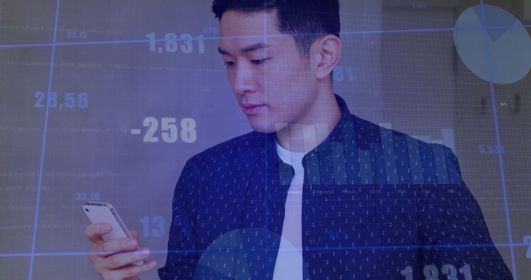 Business Professional Analyzing Data on Smartphone amidst Digital Chart Overlay