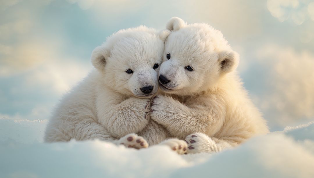 Two Polar Bear Cubs Cuddling on Snowy Arctic Ground, Closeup Soft Fur and Whiskers