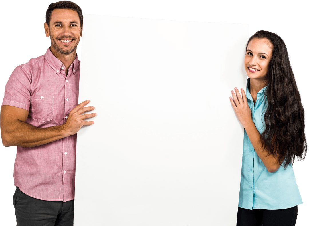 Smiling Couple Holding White Blank Screen Transparent Background