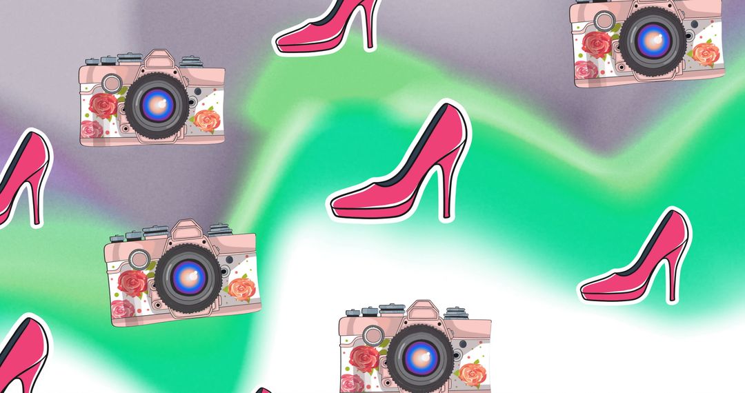 Funky Digital Pattern with Pink Shoes and Cameras - Free Images, Stock Photos and Pictures on Pikwizard.com