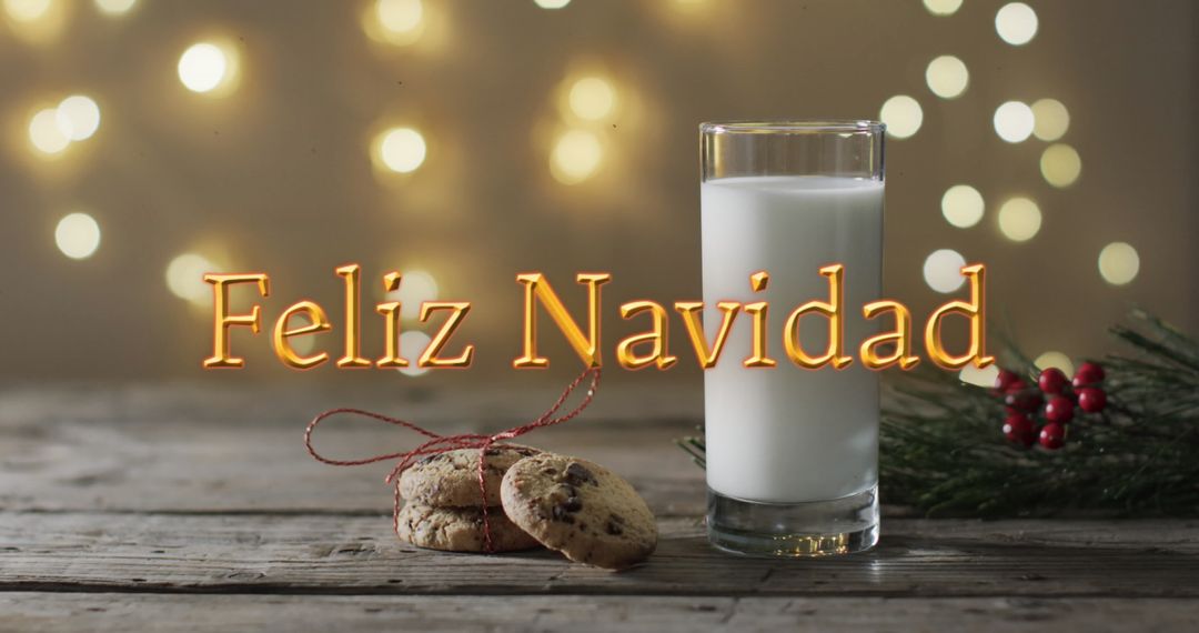 Christmas Cookies, Milk, Bokeh Lights with Holiday Greeting