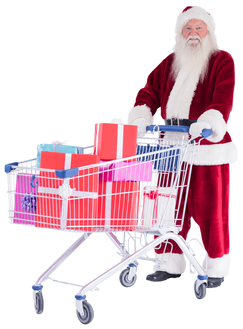 Santa Claus Pushing Shopping Cart with Colorful Presents Transparent
