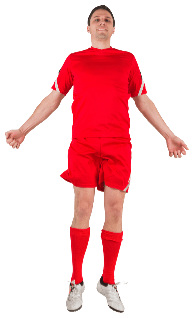 Athletic Football Player Jumping in Red Sportswear Transparent Background