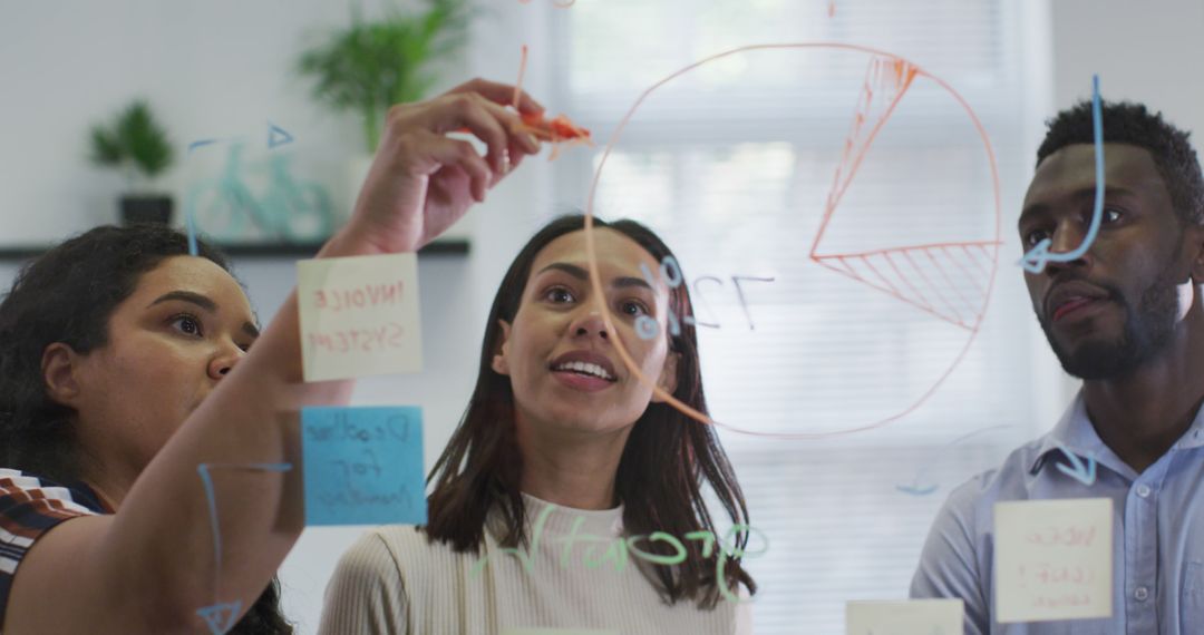 Diverse Team Brainstorming with Clear Board in Office Setting