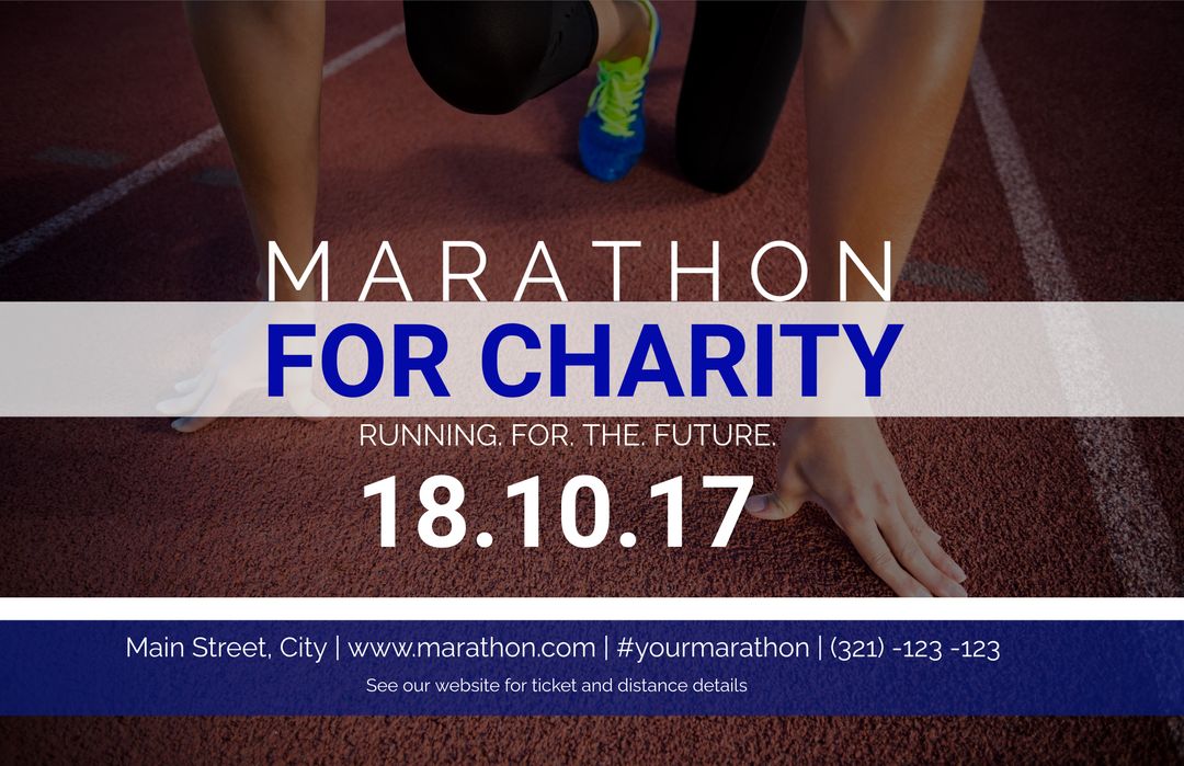 Marathon Charity Event Poster Featuring Determined Runner at Start Line