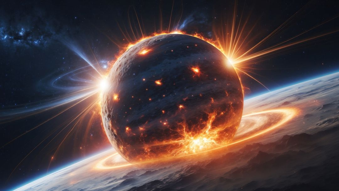 Fiery Molten Planet with Erupting Flares and Cosmic Debris
