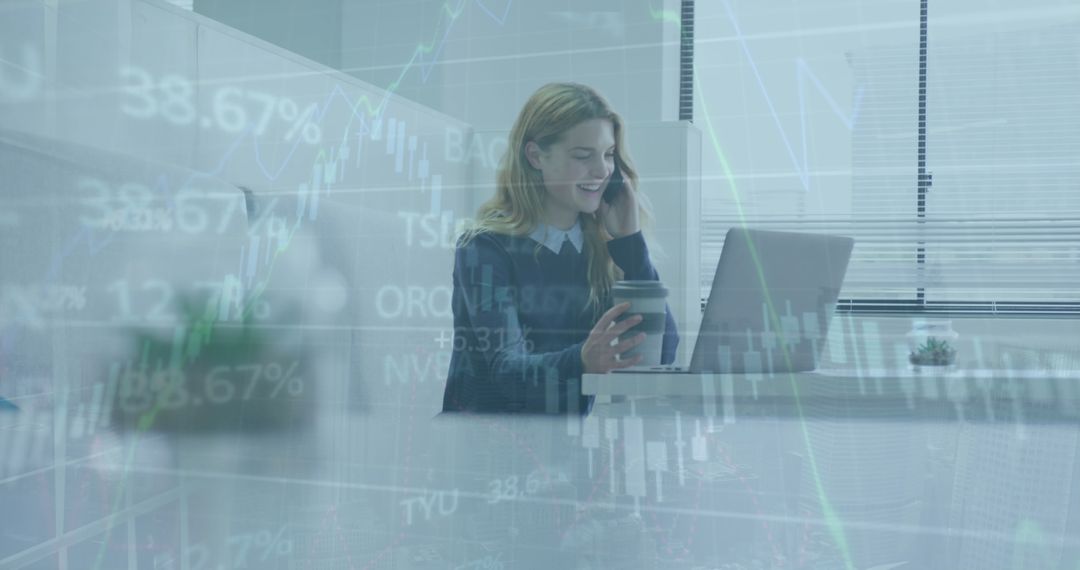 Caucasian Businesswoman Using Laptop with Data Overlay in Office