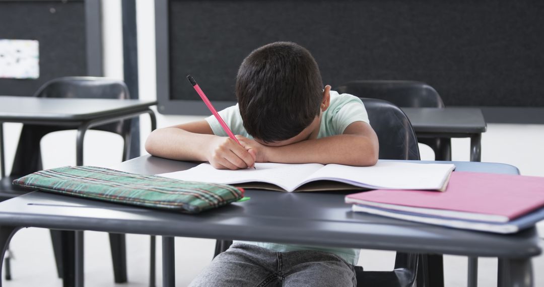 Young Student Focused on Classwork in School Classroom