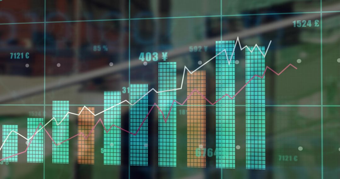 Digital Financial Analytics Display with Graphs and Currencies