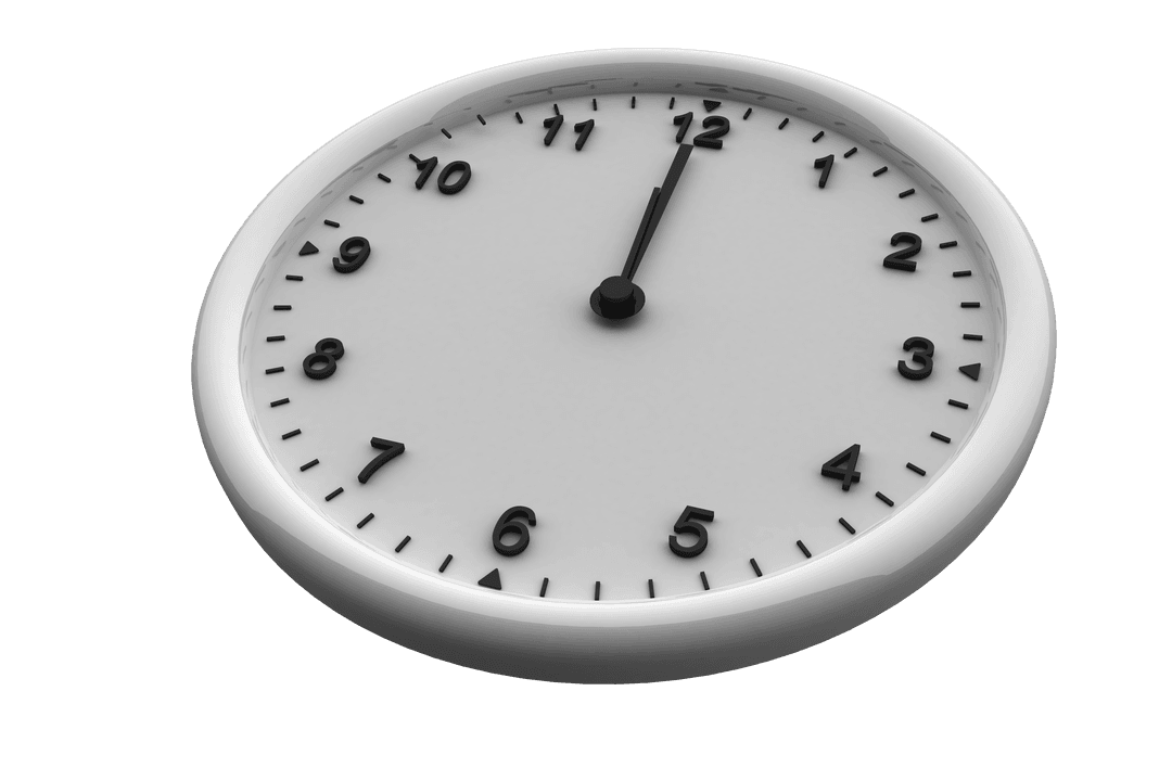 Transparent Clock Showing Noon or Midnight on White Background