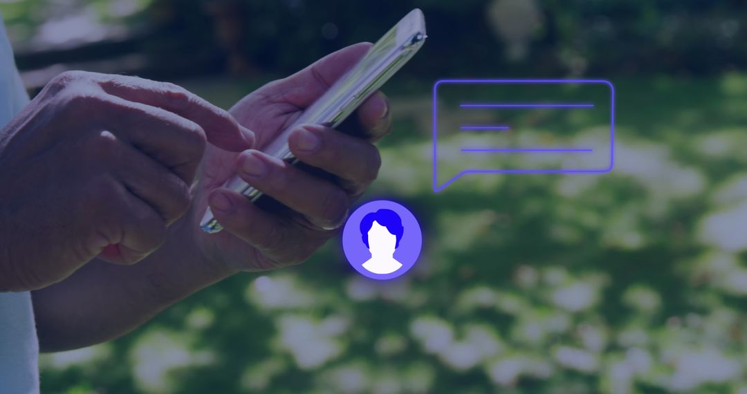 Man Texting on Smartphone in Park with Neon Icons