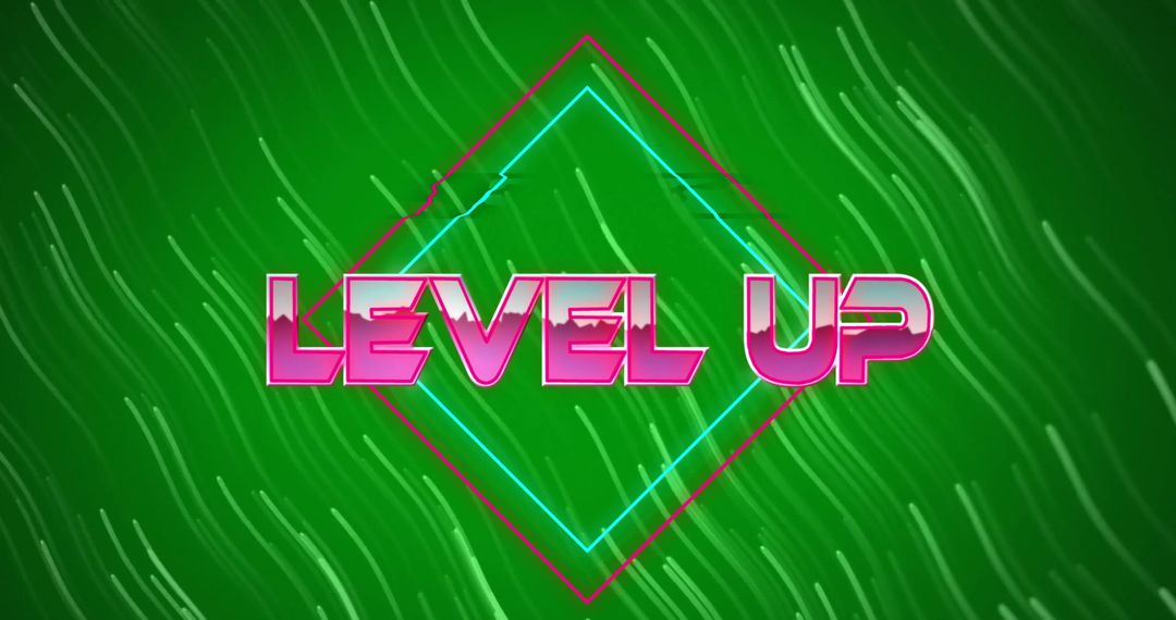 Retro Level Up Graphic with Neon Glow on Green Background
