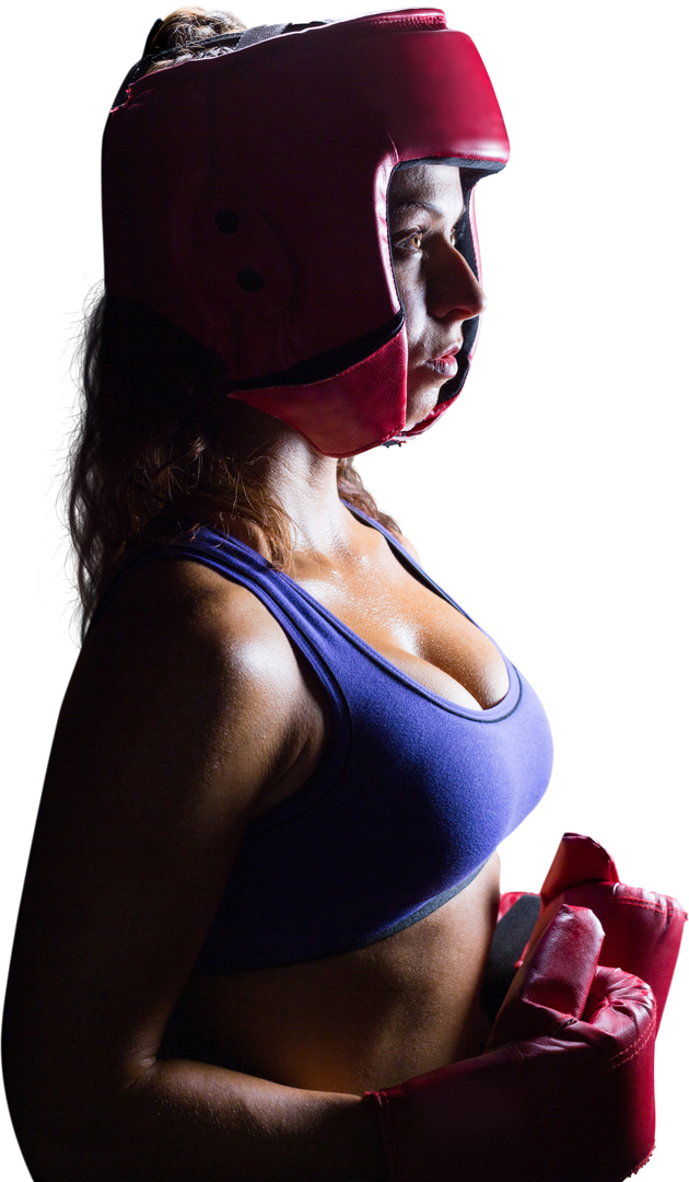 Side View of Focused Female Boxer with Red Headgear on Transparent Background - Download Free Stock Images Pikwizard.com