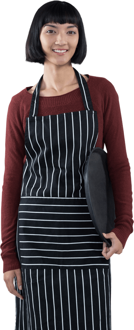 Smiling Waitress Holding Transparent Tray in Striped Apron