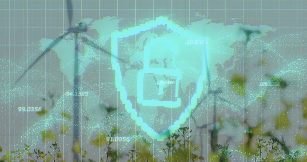 Futuristic Shield Over Wind Turbines with World Map