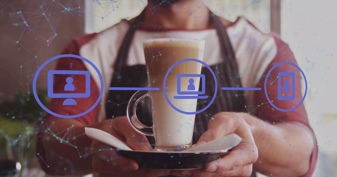 Digital Coffee Network Interface Over Hands Holding Beverage
