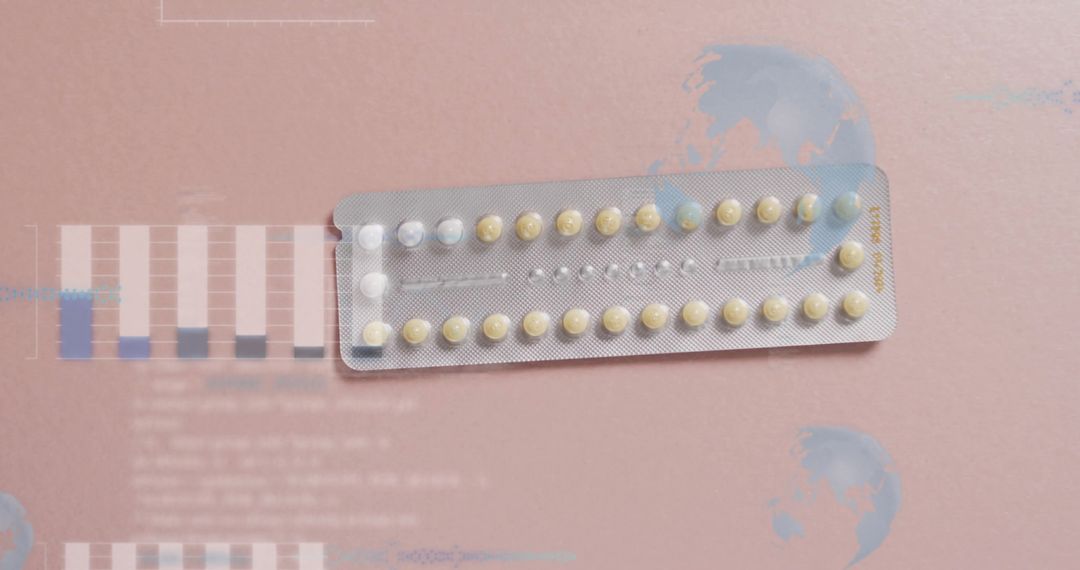 Contraceptive Pills Packaging with Digital Data Overlay on Pink Background