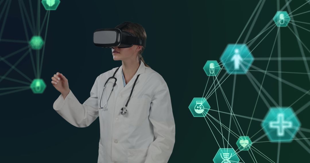 Doctor in VR Headset Exploring Digital Medical Interface