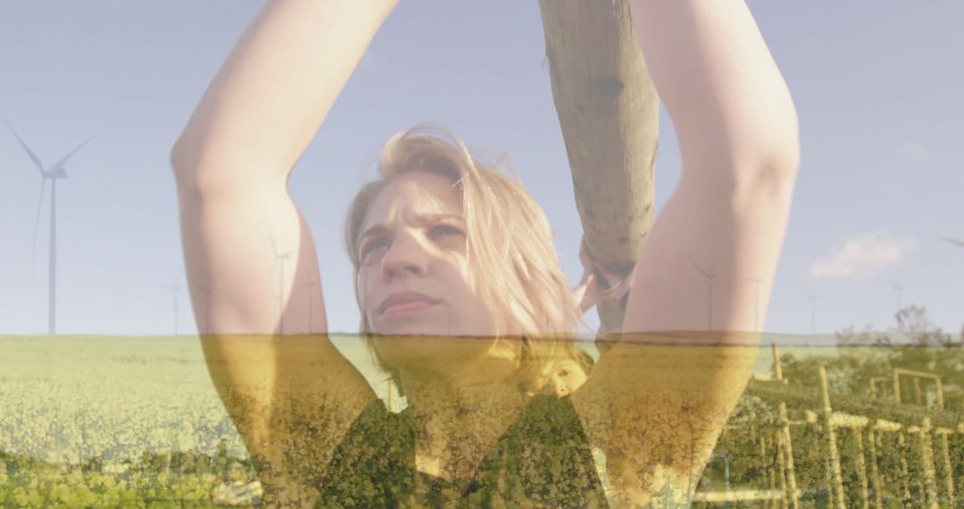 Woman Lifting Beam in Field with Wind Turbines
